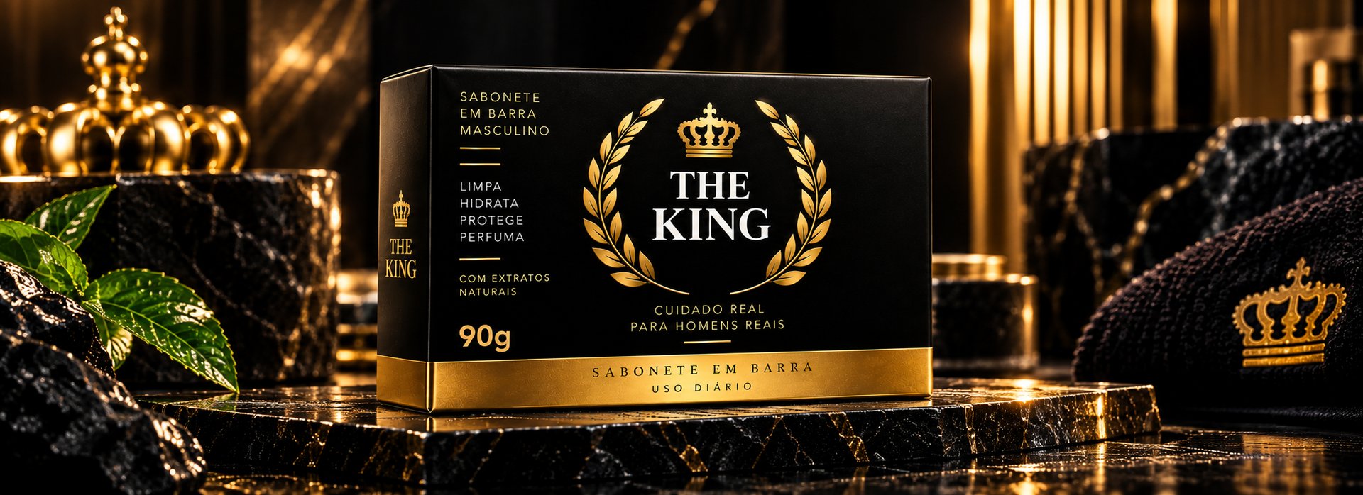 Sabonete em barra masculino THE KING 90g sobre pedra de mármore preto, com coroa dourada ao fundo